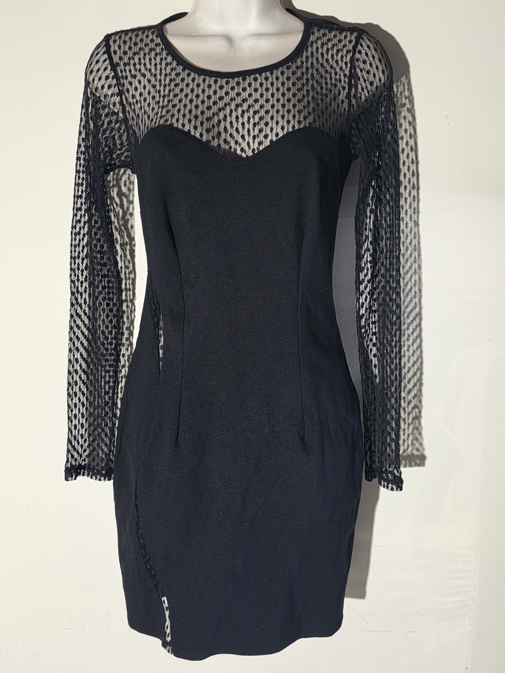 Guess Black Long-Sleeve Mesh Bodycon Dress (Size S)